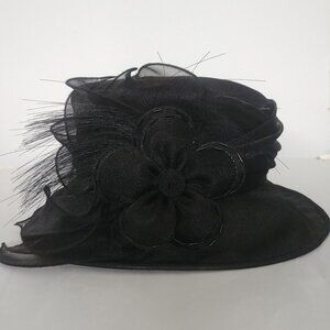 Vintage black sheer hat with brim flower bead feather detail